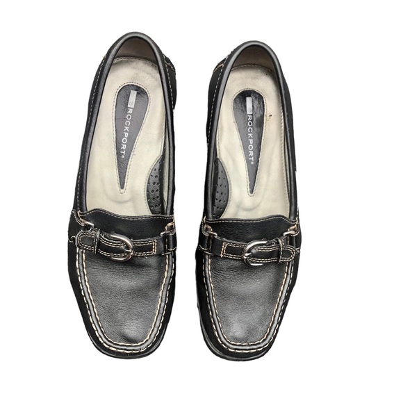 Rockport black leather square toe loafers silver buckle and white stitching. 7.5 - Picture 2 of 8